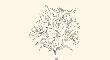 Elegant Line Art Illustration of a Lush Bouquet of White Lilies on a Soft Yellow Background.