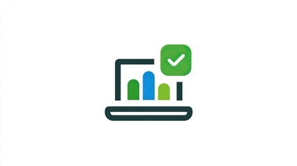 Simple laptop icon with chart and checkmark.  A digital approval