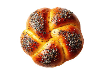 Close-up of a golden-brown, intricately braided bread roll, studded with a mix of seeds.  Its round shape is accentuated by a floral pattern formed by the intertwining strands.  