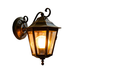 Vintage wall mounted lantern with glowing warm light isolated on white background