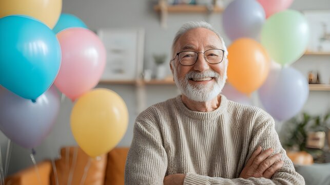 Elderly man smiling with crossed arms surrounded by colorful balloons   - Powered by Adobe