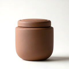 A simple, minimalist terracotta ceramic jar with a lid, presented in a clean studio shot against a, highlighting its smooth texture and elegant design, suitable for home decor or storage
