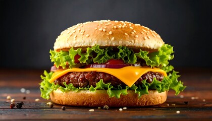 Juicy Cheeseburger on Wooden Table.