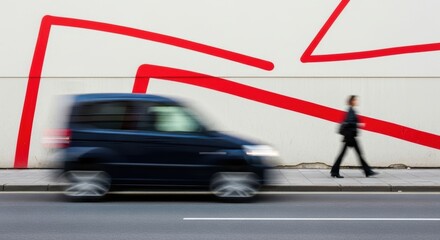 Caucasian female walking along urban street with moving car and abstract red line art