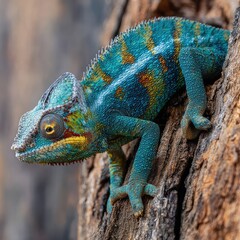 Obraz premium A panther chameleon slowly crawling on a tree trunk.