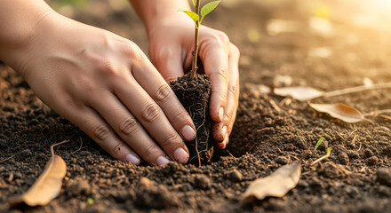 Hands planting tree sapling in soil, environmental conservation and nature