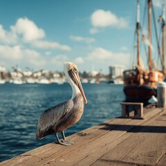 A pelican perched on a dock by the water in a stock photo. 