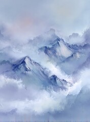 Fototapeta premium Misty, snow-capped mountain peaks rise majestically above a sea of swirling clouds under a pale sky, creating a serene, ethereal landscape
