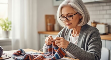 Elderly caucasian woman knitting in cozy kitchen setting