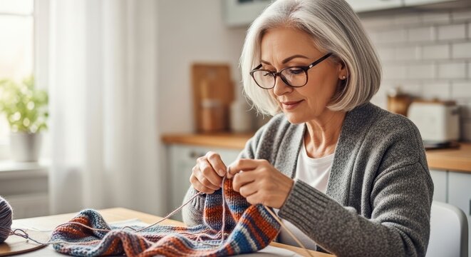 Elderly caucasian woman knitting in cozy kitchen setting