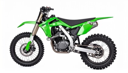 Green dirt bike motorcycle with knobby tires isolated on white background off road adventure vehicle
