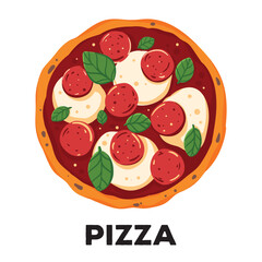 Italian-American Pizza pepperoni. American food. Vector illustration. Hand drawn flat food style. Top view. Menu, package, logo, design template.