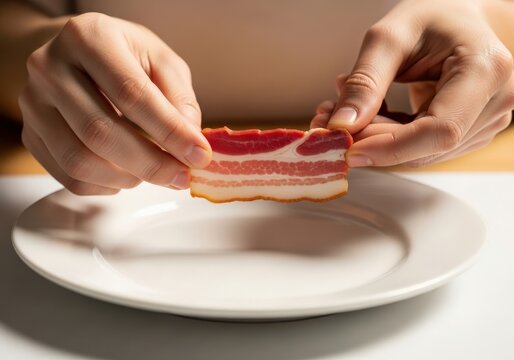 Closeup of hands holding a raw slice of streaky bacon with distinct layers of fat and lean meat over a white plate