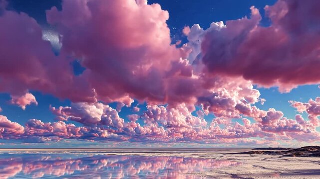A cosmic landscape of endless pink clouds stretching into the distance