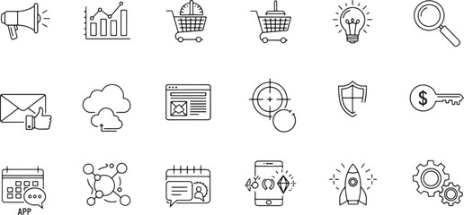 Digital Business and Marketing Line Icons A vector collection depicting e-commerce, analytics, security, and innovation, perfect for modern web and mobile applications