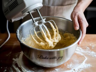 Mixing the dough in a bowl using a hand mixer, closeup