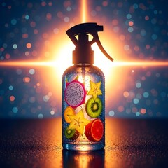 Glass cosmetic bottle with orange and lemon floating on bright background