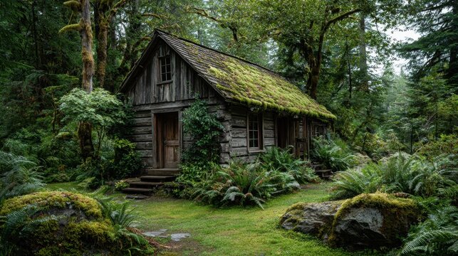 A small log cabin with moss growing on the roof and a lush green lawn. The cabin is surrounded by trees and rocks, giving it a peaceful and serene atmosphere - Powered by Adobe