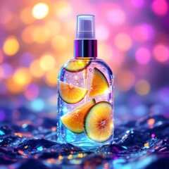 Transparent bottle with citrus fruits in refreshing cosmetic mockup