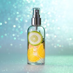 
Refreshing cosmetic spray with orange and lemon slices on bright background