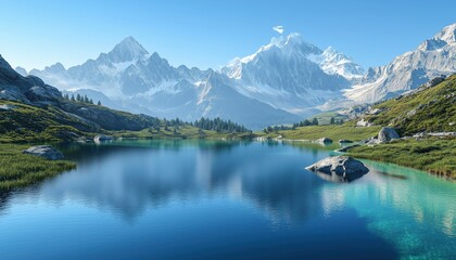 Fototapeta premium Serene Alpine Scene: Majestic Snow-Capped Mountains Embrace Vibrant Blue Lake In Clear Skies, Creating Peaceful Nature Oasis.