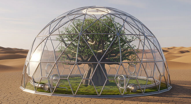 Desert Oasis: Tree in a Glass Dome, Sustainable Living, Environmental Protection Concept