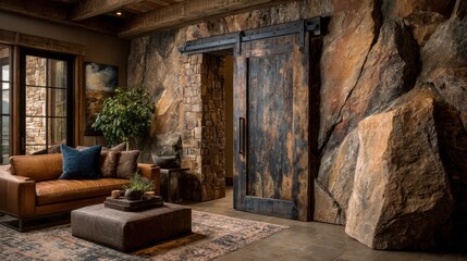 A living room with a couch, a coffee table, and a potted plant. The room has a rustic feel with a large rock wall and a wooden door