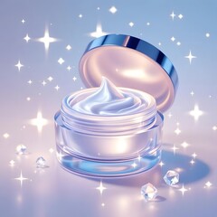 Facial cream mockup in transparent bottle with magic sparkles