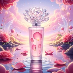 Elegant women's perfume in a bottle decorated with illuminated petals