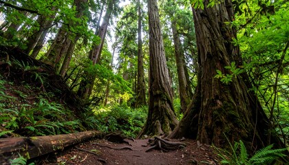 Lush green forest floor teeming with ancient trees and ferns, showcasing a dense woodland scene.