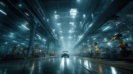 Modern car on robotic assembly line in factory
