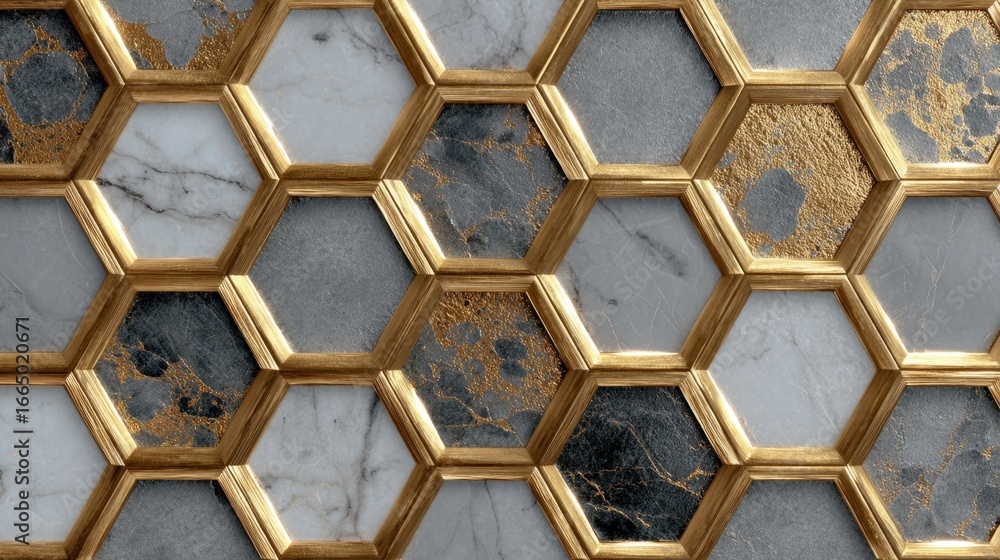 Poster a gold and white mosaic tile pattern with a gold border. the tiles are arranged in a honeycomb patte