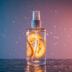 Creative cosmetic bottle with citrus fruits and neon colorful background