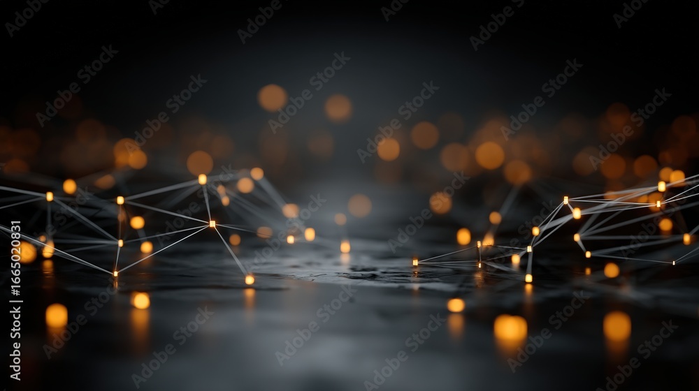 Poster abstract digital network of glowing nodes and connections on a dark background, symbolizing technolo