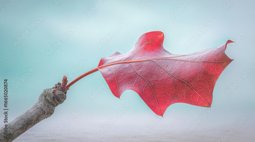 Poster a leaf is blowing in the wind. the leaf is red and has a frosty appearance. concept of movement and 