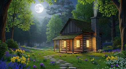 Rustic wooden cabin illuminated by a full moon in a serene, magical nighttime forest.