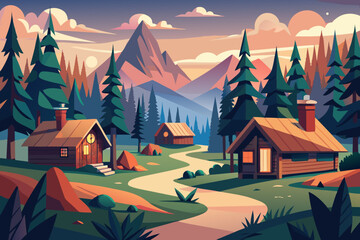 Charming mountain cabins nestled amongst pine trees at sunset, inviting escape to nature and cozy retreats, perfect for travel and adventure marketing