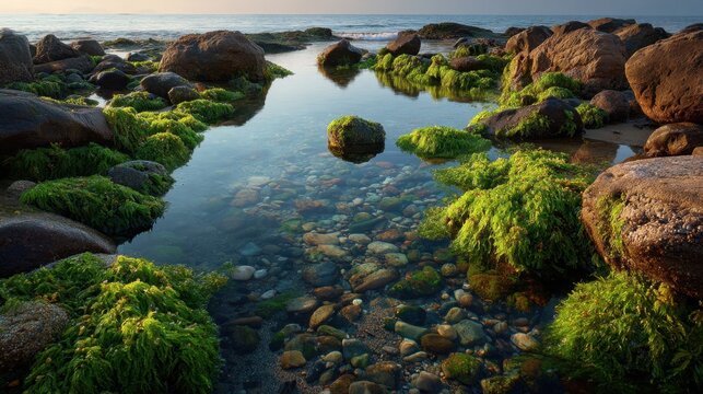 A rocky shoreline with a stream of water running through it. The water is clear and the rocks are green