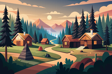 Serene woodland cabins retreat evokes peaceful escape, a calm village nestled in nature for cozy vacation vibes and outdoor adventure in the mountains