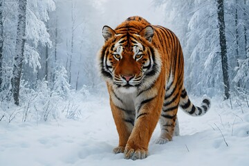 Obraz premium A magnificent siberian tiger strides through a snowcovered forest, its orange and black stripes contrasting against the pristine white landscape, a symbol of resilience and power in the harsh winter e