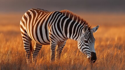 A lone zebra grazes in the golden light of the savanna at sunset, showcasing its iconic black and white stripes