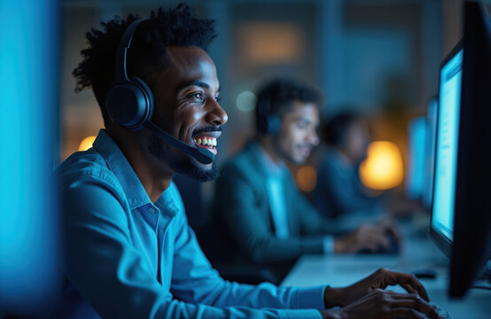 Pro office scene with two employees focused on work. Man and woman wear blue shirts, black headphones. Computers, lamps, desk, chairs in typical office setting. Tech support team at night.