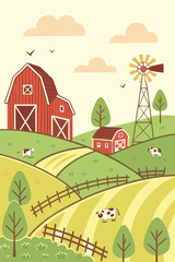Fototapeta premium Charming countryside scene with red barns, cows, and a windmill, evoking a sense of peaceful rural living and sustainable agriculture in the heartland