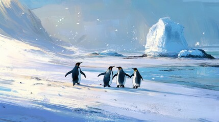 Four penguins in a joyful circle on a snowy Antarctic landscape.