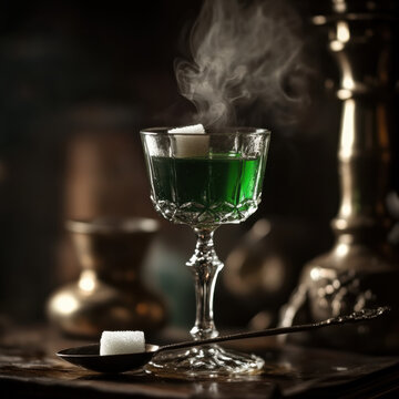 Dark and mysterious absinthe cocktail in a vintage goblet, slow-dripping sugar cube over a slotted spoon, deep green hues, placed on a moody, antique-inspired bar, high-quality stock image with 