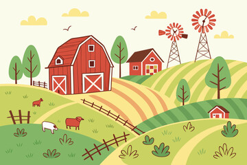 Fototapeta premium Delightful cartoon farm scene with barn, windmills, sheep, and rolling hills, perfect for children's books or educational materials about agriculture