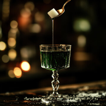 Dark and mysterious absinthe cocktail in a vintage goblet, slow-dripping sugar cube over a slotted spoon, deep green hues, placed on a moody, antique-inspired bar, high-quality stock image with 