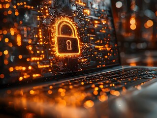 Obraz premium Hacker s Laptop Screen Revealing a Vulnerable Lock Icon