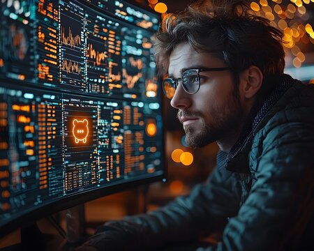 A hacker analyzes financial data on a curved monitor - Powered by Adobe