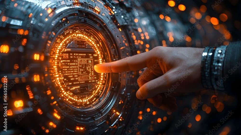 Poster hacker s hand holding a miniature vault door with glowing encryption codes